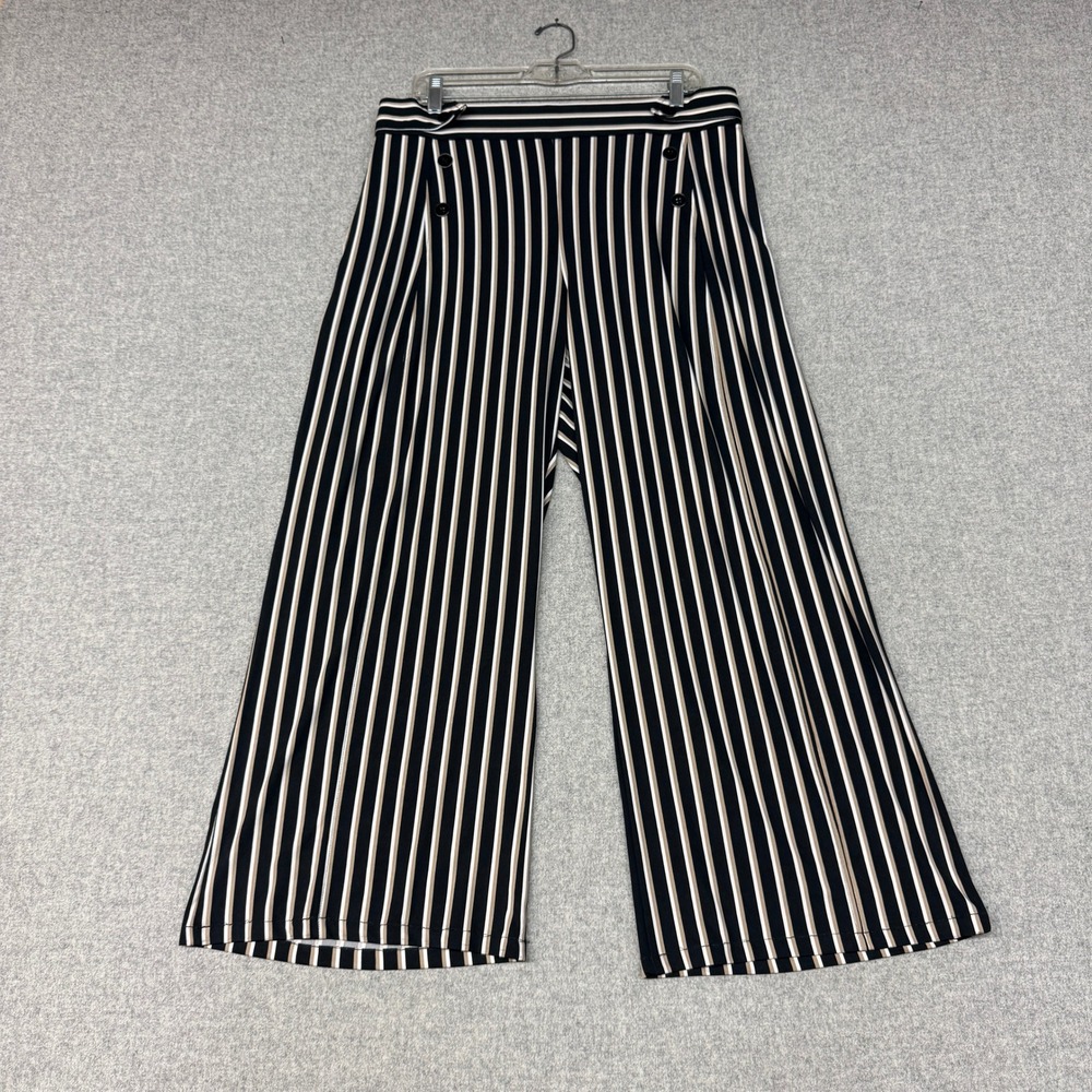 Robert Louis Wide Leg Sailor Pants 2X Black White Tan Striped Button Front Stret